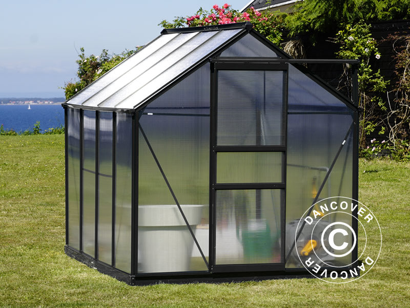 Drivhus polykarbonat 3,64m², 1,9x1,92x2,01m m/sokkel, Svart
