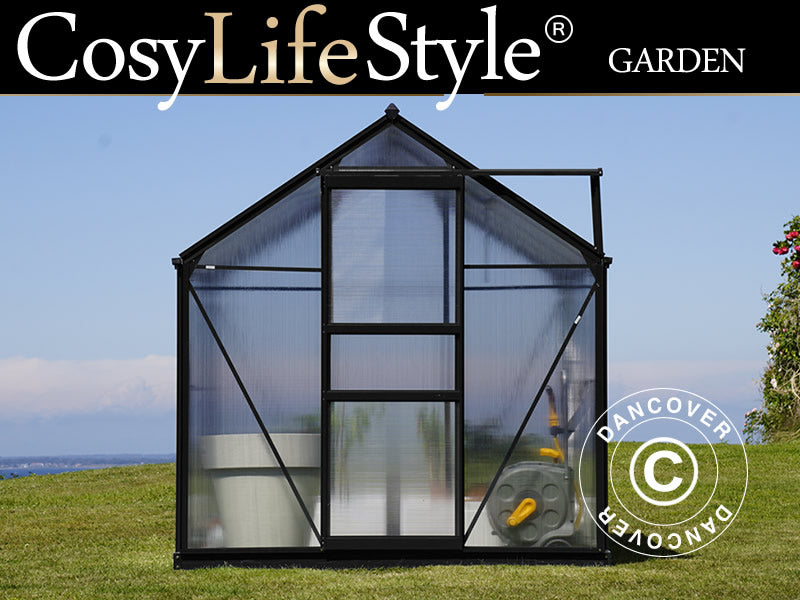 Drivhus polykarbonat 3,64m², 1,9x1,92x2,01m m/sokkel, Svart