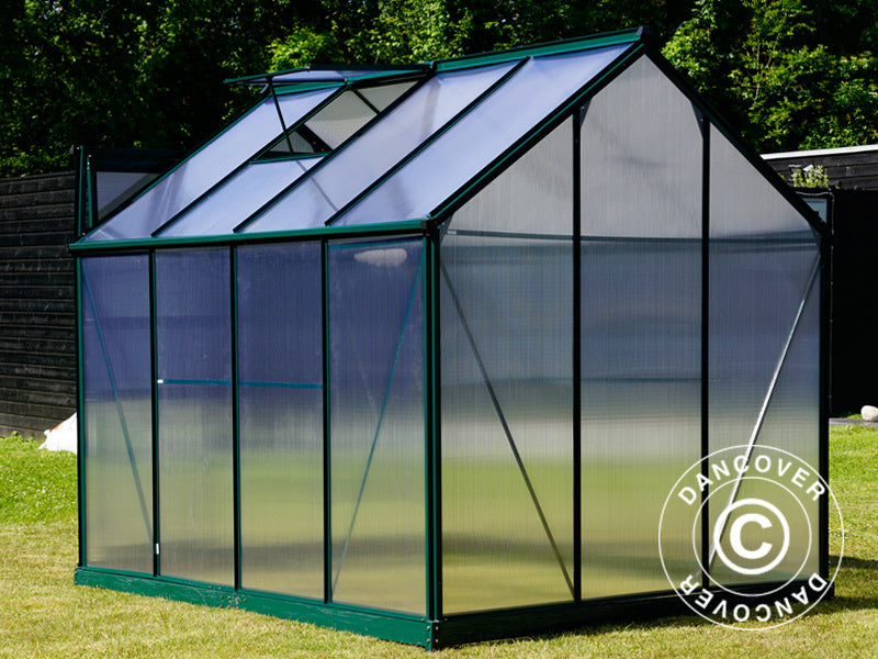Drivhus polykarbonat 4,78m², 1,9x2,52x2,01m m/sokkel, Grønn