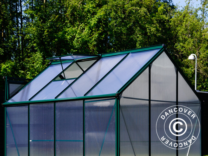 Drivhus polykarbonat 4,78m², 1,9x2,52x2,01m m/sokkel, Grønn