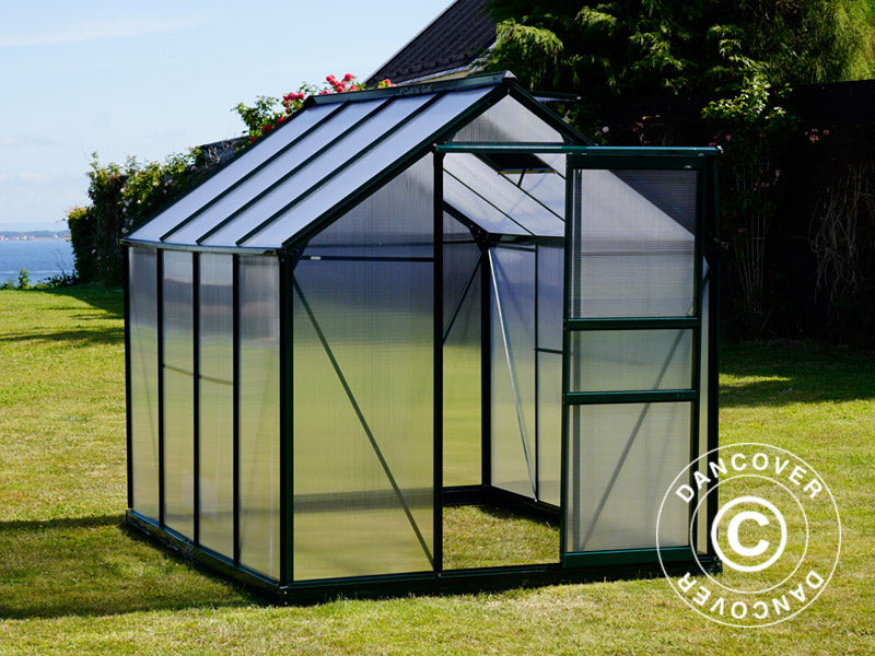 Drivhus polykarbonat 4,78m², 1,9x2,52x2,01m m/sokkel, Grønn
