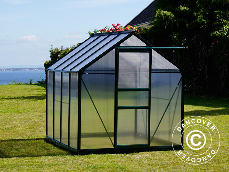Drivhus polykarbonat 4,78m², 1,9x2,52x2,01m m/sokkel, Grønn