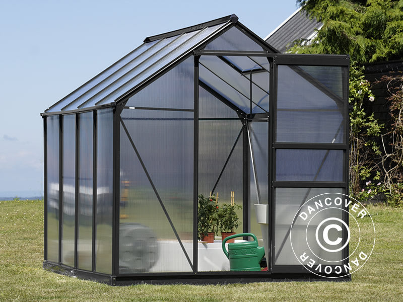 Drivhus polykarbonat 4,78m², 1,9x2,52x2,01m m/sokkel, Svart
