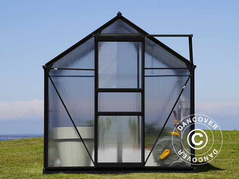 Drivhus polykarbonat 4,78m², 1,9x2,52x2,01m m/sokkel, Svart