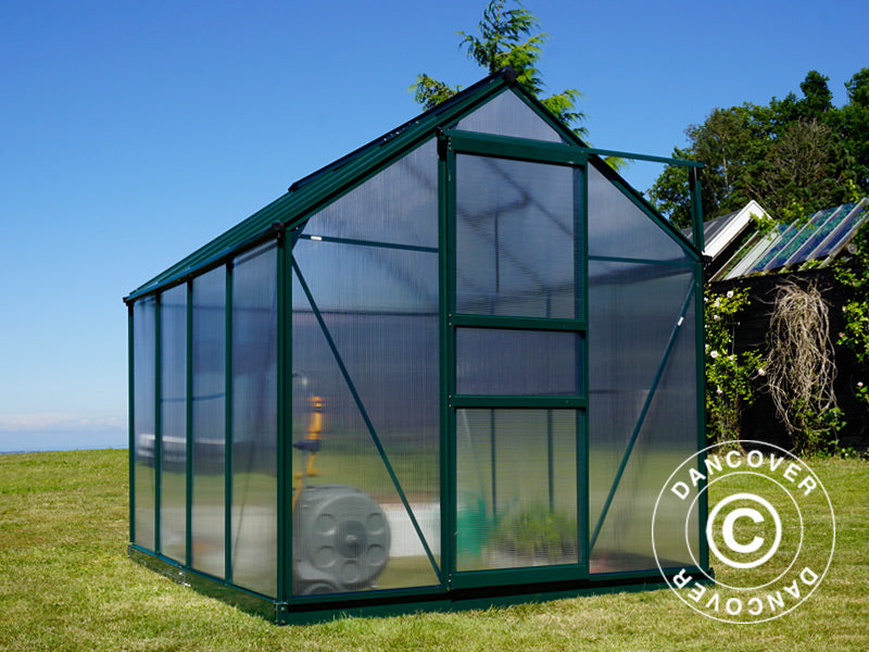 Drivhus polykarbonat 5,92m², 1,9x3,12x2,01m m/sokkel, Grønn