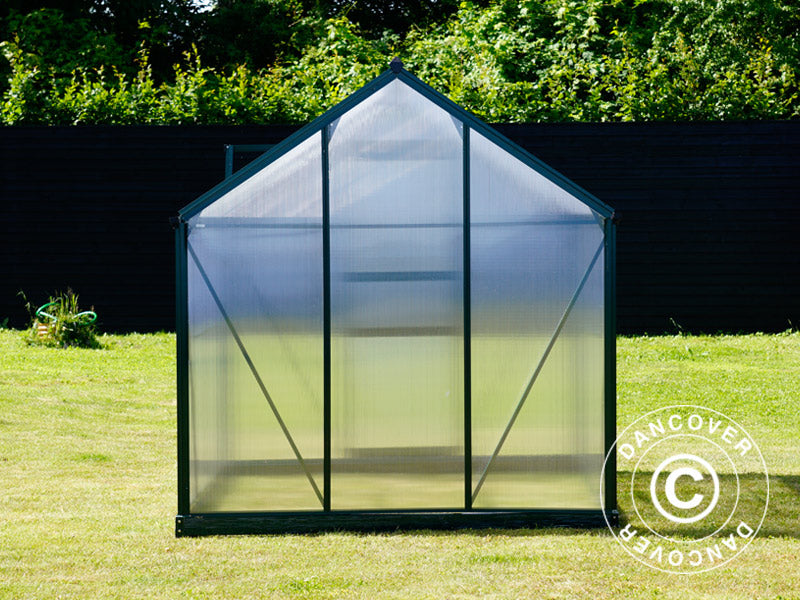 Drivhus polykarbonat 5,92m², 1,9x3,12x2,01m m/sokkel, Grønn