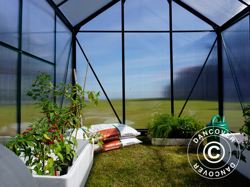 Drivhus polykarbonat 5,92m², 1,9x3,12x2,01m m/sokkel, Grønn