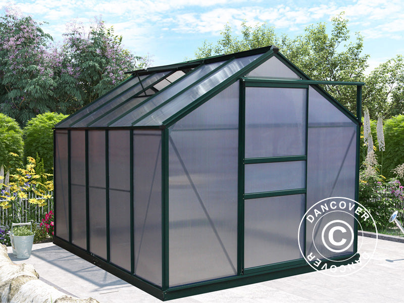 Drivhus polykarbonat 5,92m², 1,9x3,12x2,01m m/sokkel, Grønn