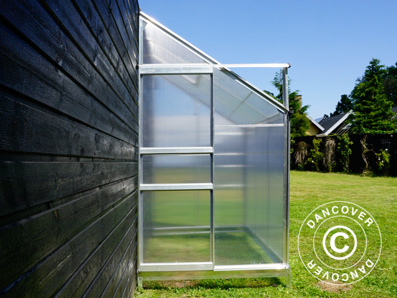 Veggdrivhus i polykarbonat, 2,4m², 1,25x1,92x2,21m m/sokkel, aluminium