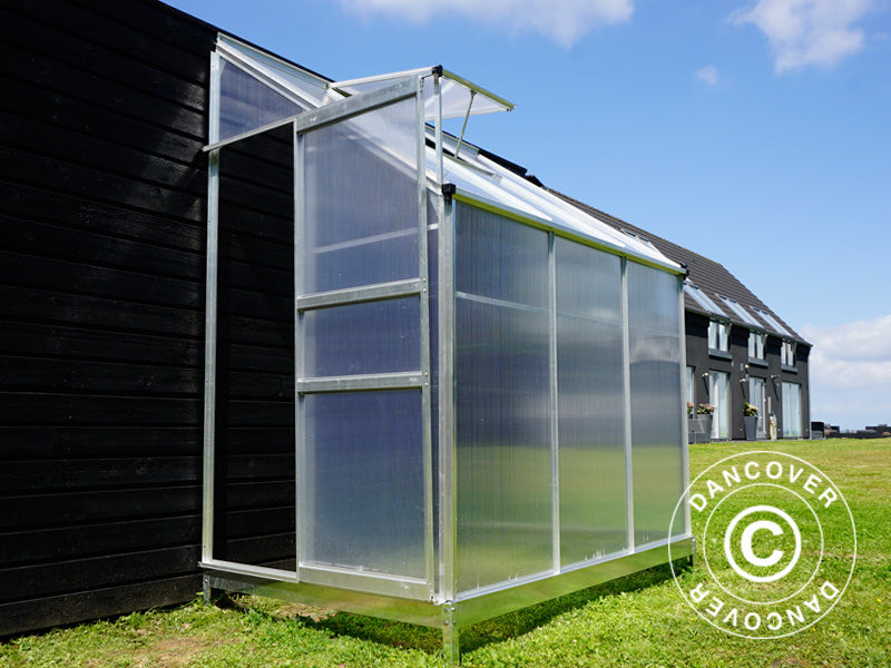 Veggdrivhus i polykarbonat, 2,4m², 1,25x1,92x2,21m m/sokkel, aluminium