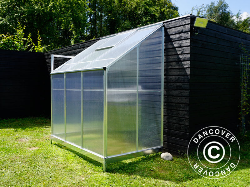 Veggdrivhus i polykarbonat, 2,4m², 1,25x1,92x2,21m m/sokkel, aluminium