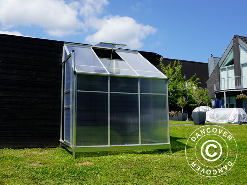 Veggdrivhus i polykarbonat, 2,4m², 1,25x1,92x2,21m m/sokkel, aluminium