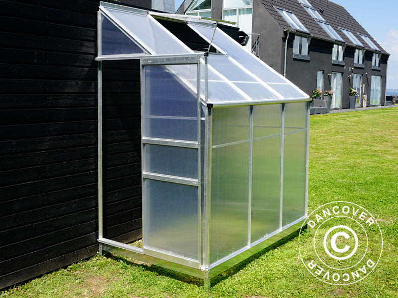 Veggdrivhus i polykarbonat, 2,4m², 1,25x1,92x2,21m m/sokkel, aluminium