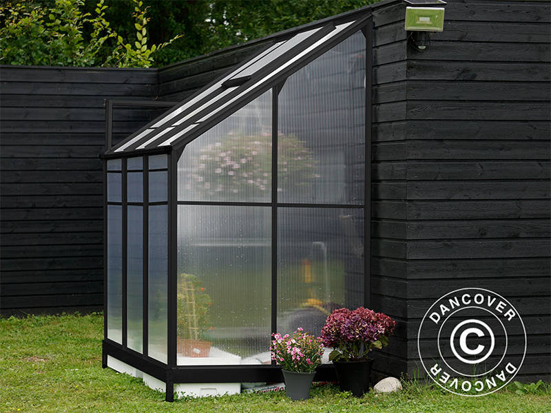 Veggdrivhus i polykarbonat, 2,4m², 1,25x1,92x2,21m m/sokkel, Svart