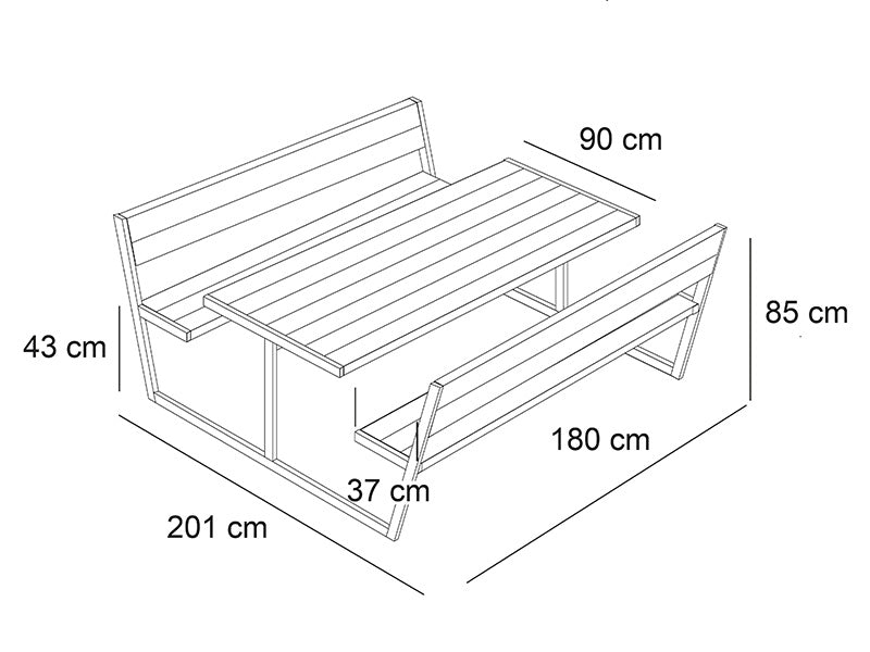Piknikbord m/rygg, 2,05x1,8x0,85m, Svart