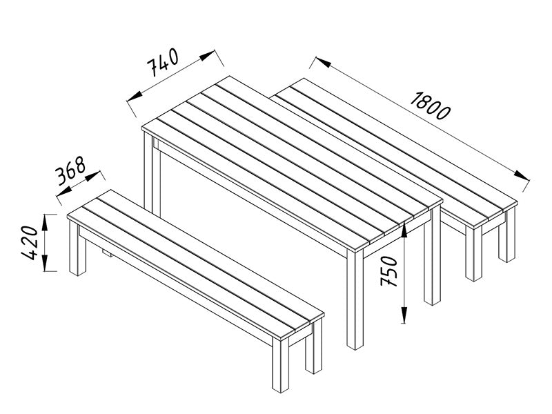 Trebord og benkesett, 0,74x1,8x0,75m, Naturlig