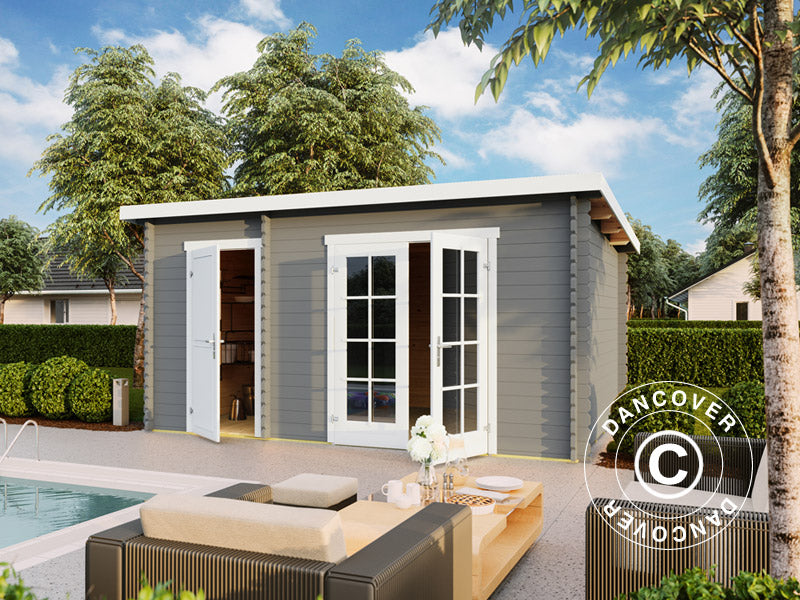 Redskapsbod, hytte i tre, Riga 4,25x2,8x2,22m, 34mm, 11,3m², Lysegrå