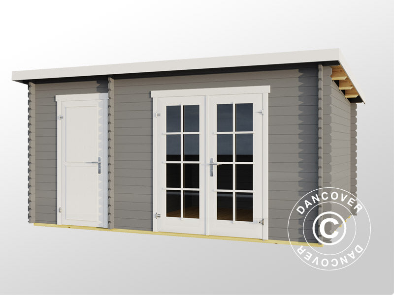 Redskapsbod, hytte i tre, Riga 4,25x2,8x2,22m, 34mm, 11,3m², Lysegrå