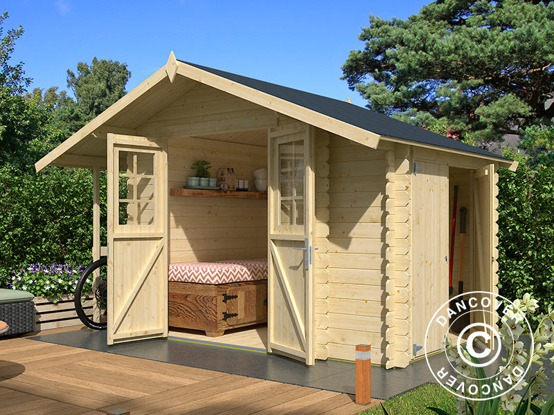 Redskapsbod i tre Moss m/overheng, 3,2x2x2,28m, 19mm, 4,87m², Naturlig