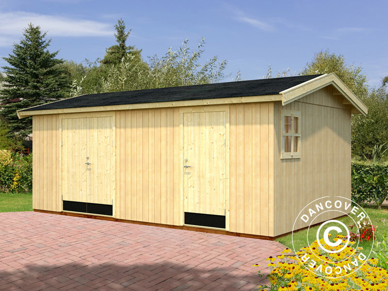 Redskapsbod i tre m/gulv, 5,61x3,3x2,61m, 16,9m², Naturlig