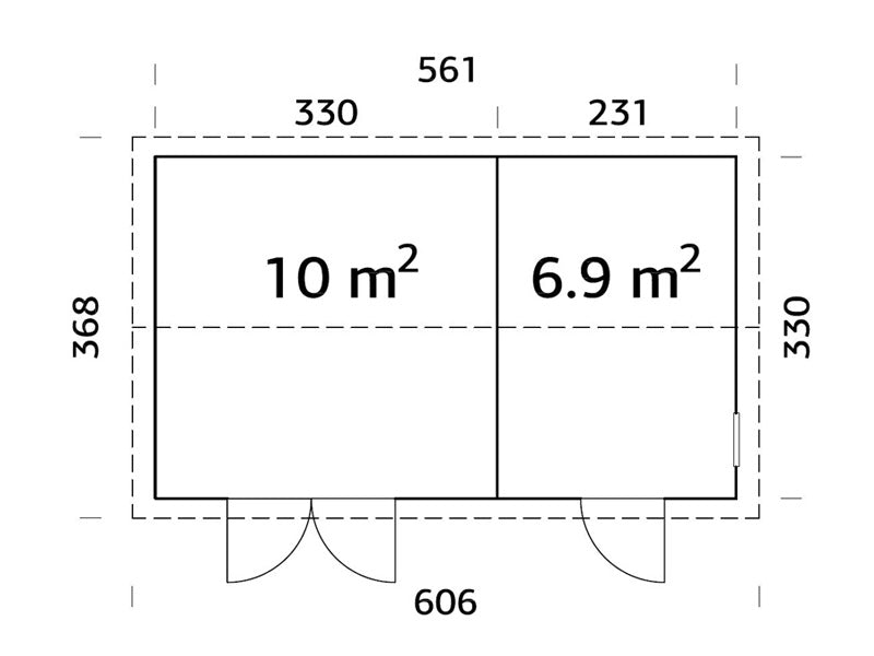 Redskapsbod i tre m/gulv, 5,61x3,3x2,61m, 16,9m², Naturlig