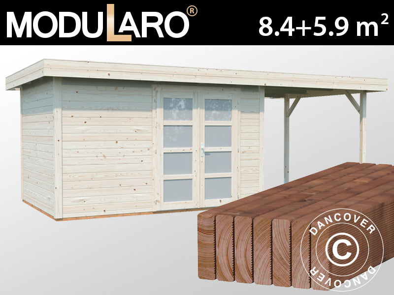 Redskapsbod i tre m/overheng, 2,5x5,87x2,21m, 8,4/5,9m², Naturlig
