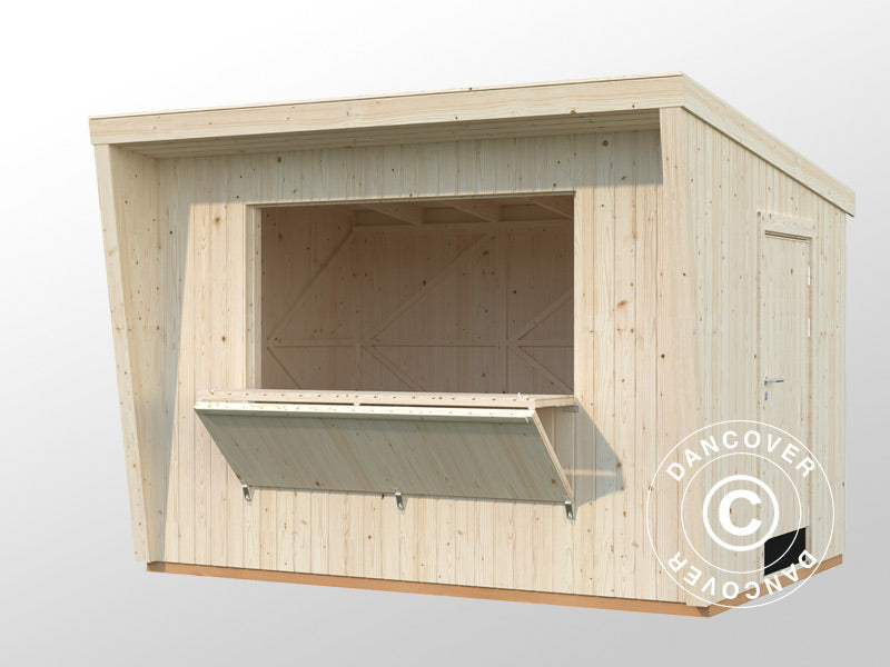 Kiosk/salgsbod i tre, 3,55x2,33x2,64m, 7,7m², Naturlig