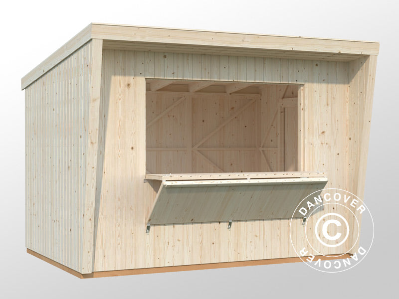 Kiosk/salgsbod i tre, 3,55x2,33x2,64m, 7,7m², Naturlig