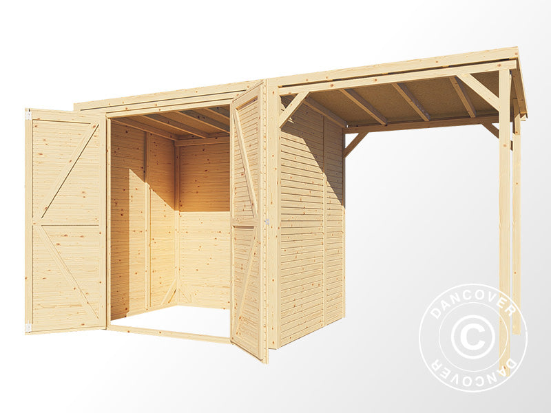 Wooden shed w/overhang, Bertilo Cubico 2Plus, 3,73x1,57x2,08m, 2,43m² + 3,37m², Natural