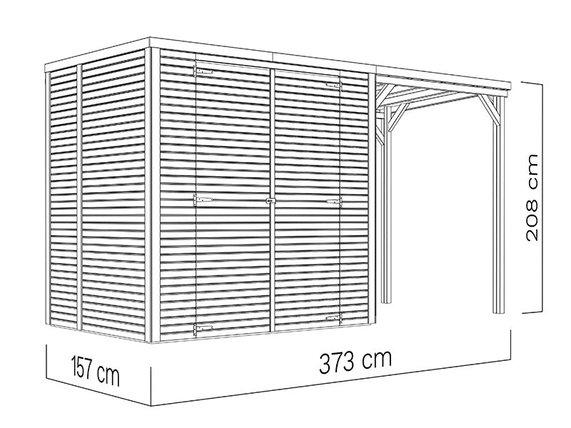 Wooden shed w/overhang, Bertilo Cubico 2Plus, 3,73x1,57x2,08m, 2,43m² + 3,37m², Natural