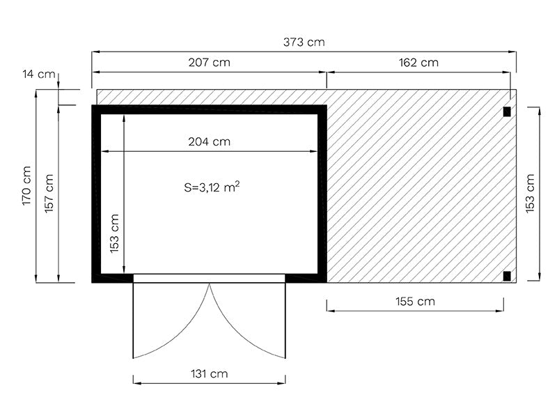 Wooden shed w/overhang, Bertilo Cubico 2Plus, 3,73x1,57x2,08m, 2,43m² + 3,37m², Natural