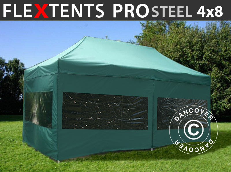 Quick-up telt FleXtents PRO Steel 4x8m Grønn, inkl. 6 sider
