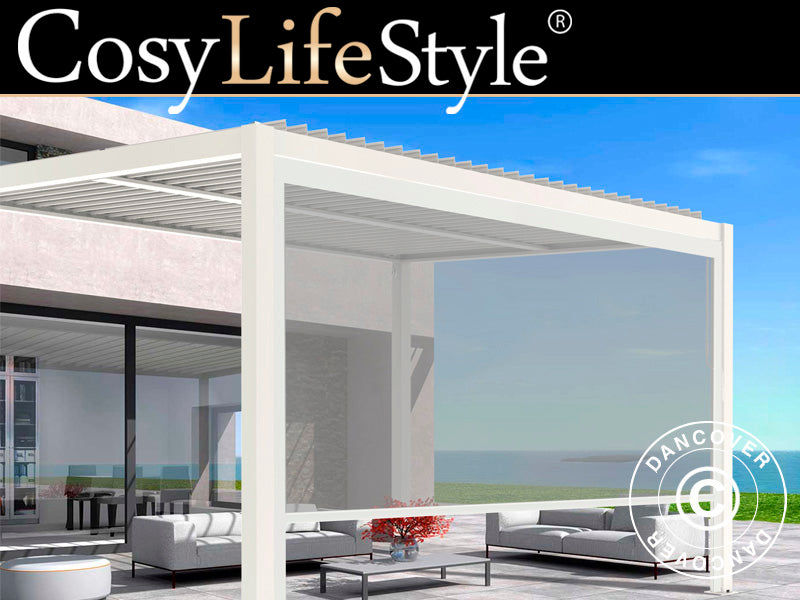 Solskjermingsvegg til bioklimatisk pergola paviljong San Pablo, 3m, hvit/lysegrå