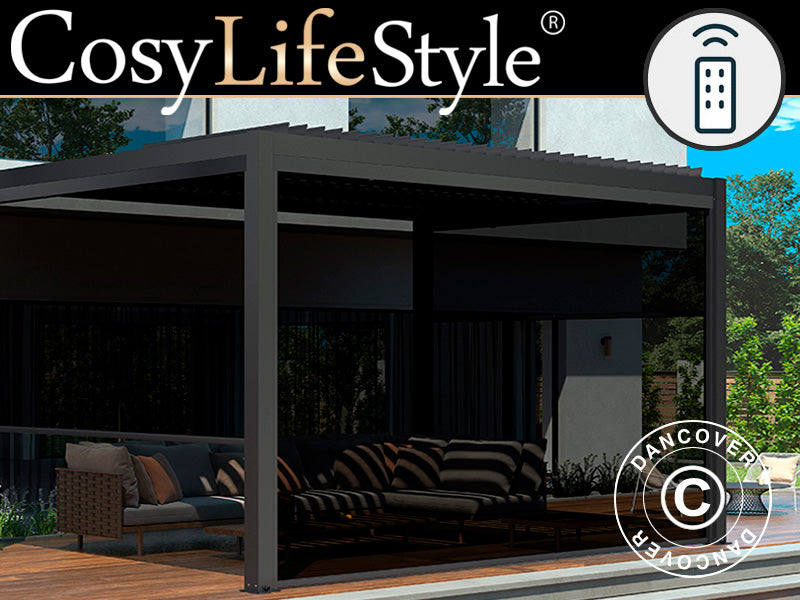 Elektrisk sideveggskjerm til bioklimatisk pergolapaviljong San Pablo, 4m, svart