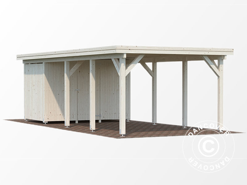 Carport i tre m/redskapsbod, 3,6x7,62x2,32m, 23,1m², naturlig, KOMPLETT SETT