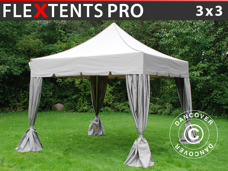 Quick-up telt FleXtents PRO "Peaked" 3x3m Latte, inkl. 4 dekorative gardiner