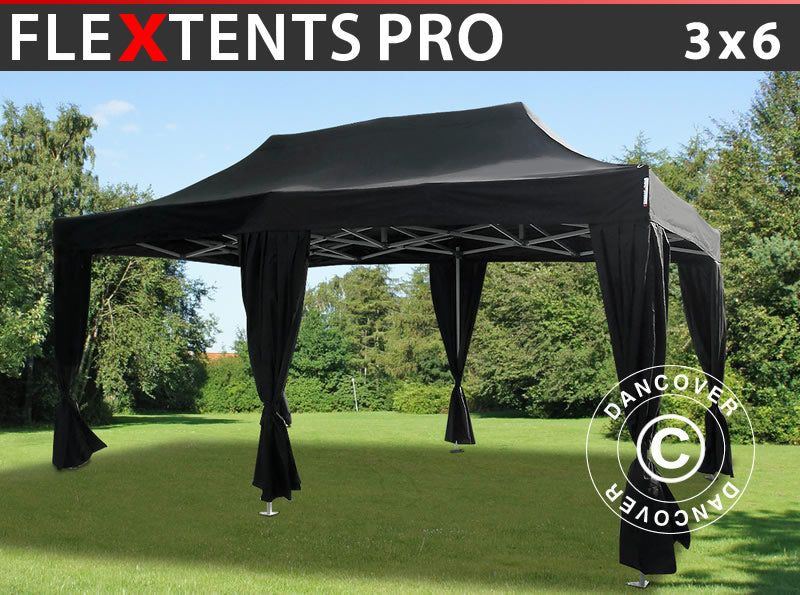 Quick-up telt FleXtents PRO 3x6m Svart, inkl. 6 dekorative gardiner