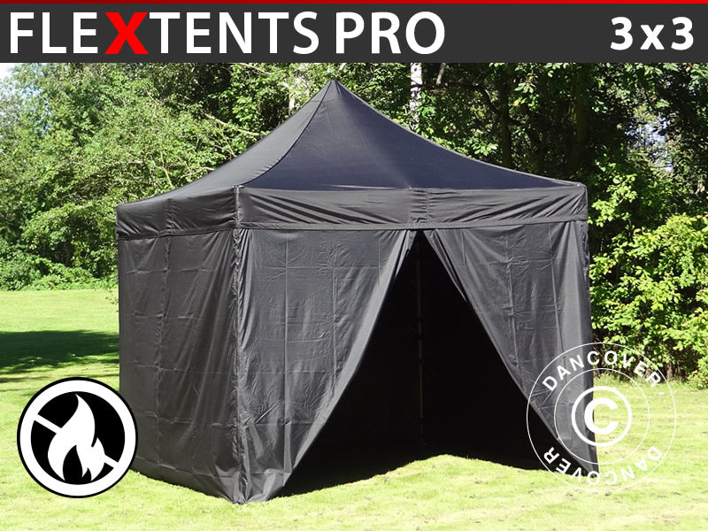 Quick-up telt FleXtents PRO 3x3m Svart, Flammehemmende, inkl. 4 sider