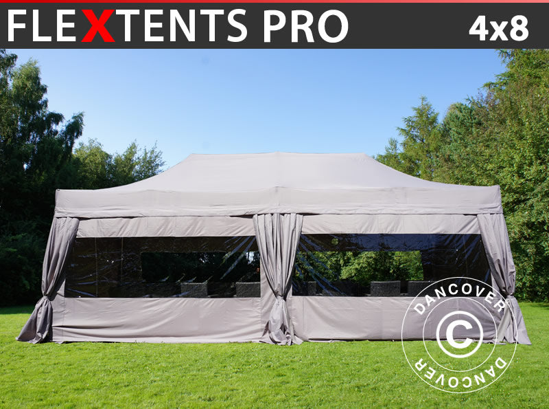 Quick-up telt FleXtents PRO 4x8m Latte, inkl. 6 sider & dekorative gardiner