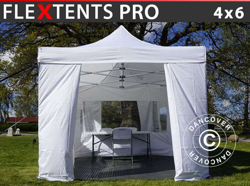Besøksteltet FleXtents PRO 4x6m hvit, inkl. 8 sidevegger og 1 transparent skillevegg