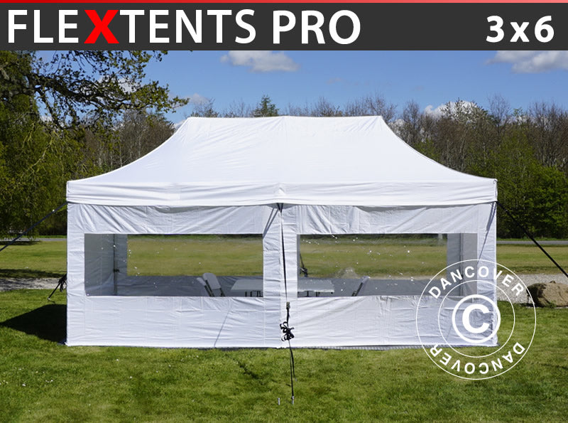Besøksteltet FleXtents PRO 3x6m hvit, inkl. 6 sidevegger og 1 transparent skillevegg