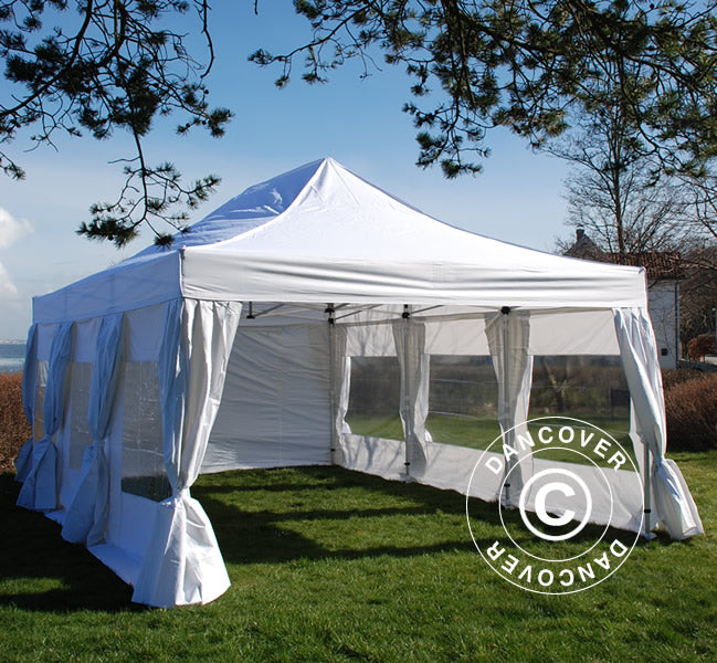 Quick-up telt FleXtents PRO 4x6m Hvit, inkl. 8 sider & dekorative gardiner