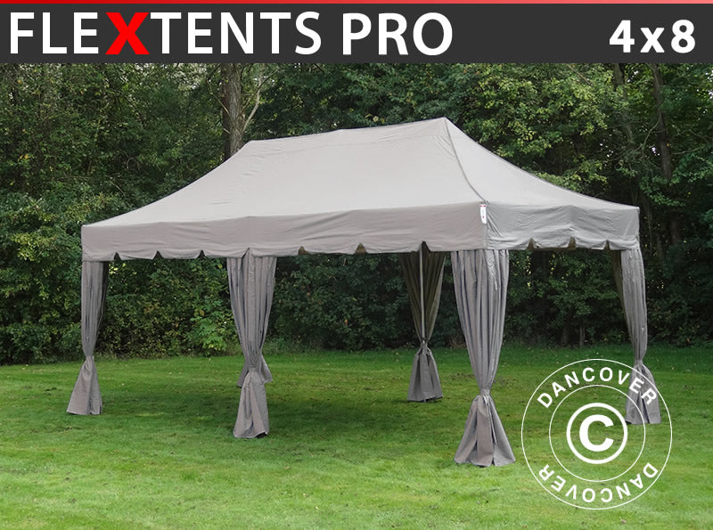 Quick-up telt FleXtents PRO "Peaked" 4x8m Latte, inkl. 6 dekorative gardiner