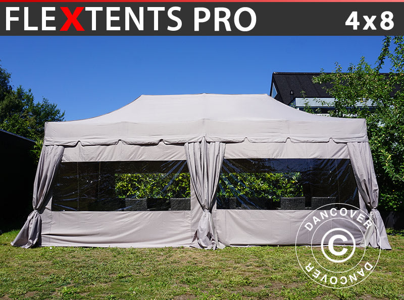 Quick-up telt FleXtents PRO “Peaked” 4x8m Latte, inkl. 6 sidevegger og 6 pyntegardiner