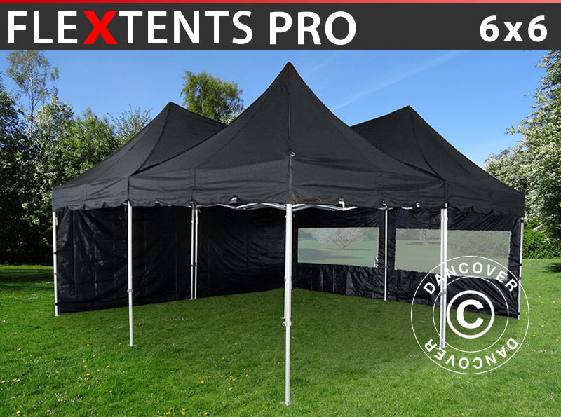 Quick-up teltet FleXtents PRO Peak Pagoda 6x6m, Svart, inkl. 8 sidevegger