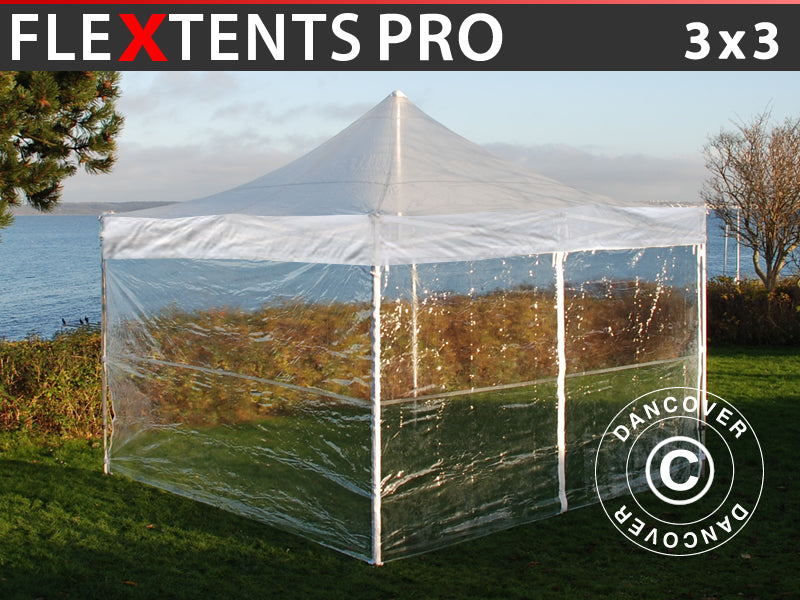 Quick-up telt FleXtents PRO 3x3m Transparent, inkl. 4 sider