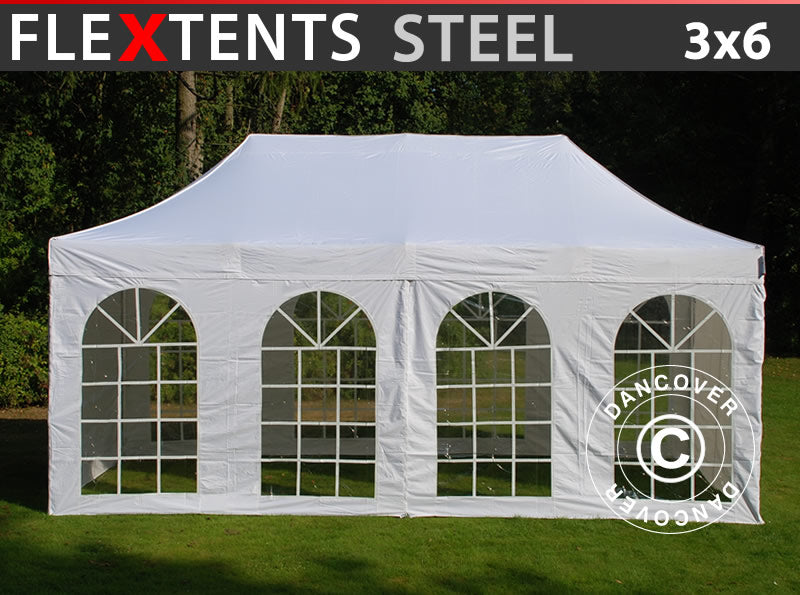 Besøksteltet FleXtents Steel 3x6m hvit, inkl. 4 sidevegger og 1 transparent skillevegg