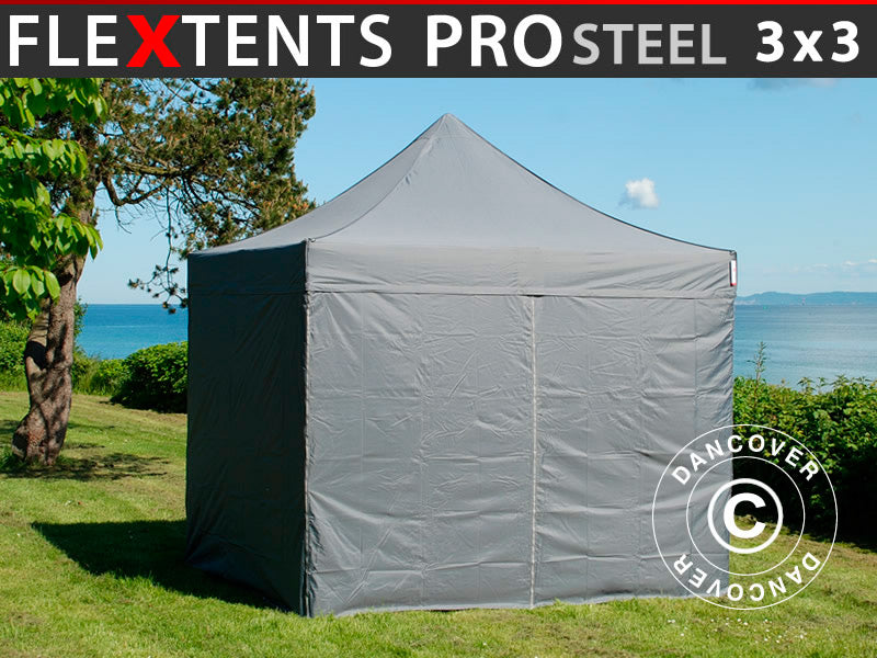 Quick-up telt FleXtents PRO Steel 3x3m Grå, inkl. 4 sider