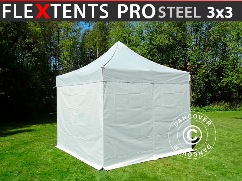 Quick-up telt FleXtents PRO Steel 3x3m S&oslash;lv, inkl. 4 sider