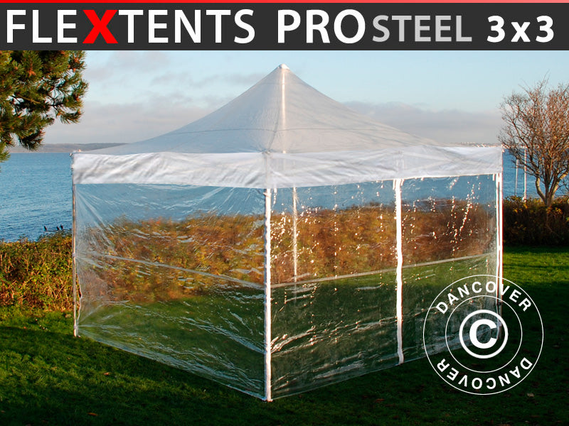 Quick-up telt FleXtents PRO Steel 3x3m Transparent, inkl. 4 sider